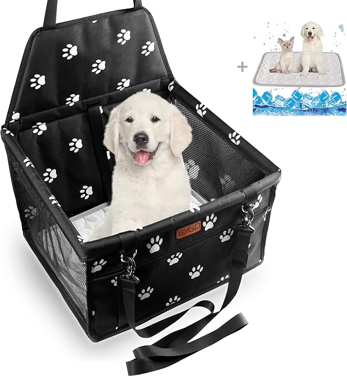 BYGD Pet Travel Dog Car Seat with Cushion Suitable for Small & Medium Pets | Comes with Summer Cooling Mat to Keep Pets Chill, Adjustable Safety Straps, Breathable & Foldable Pet Basket for Road Trips