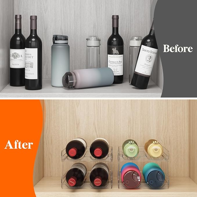 Lifewit Stackable Wine Rack for Cabinet, Plastic Refrigerator Wine Holder | Clear Water Bottle Storage Rack for Fridge Shelf, Tumbler Cup Organizer Holds 4 Bottles for Countertop, Kitchen Organization
