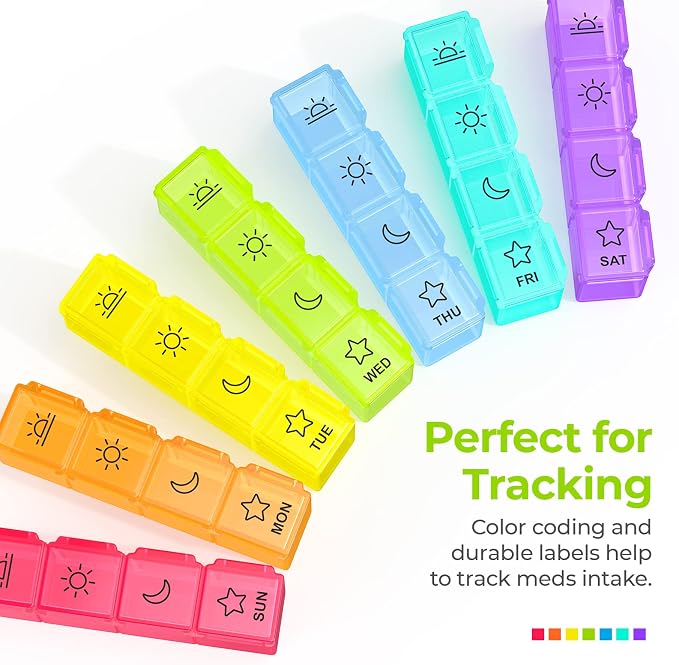 AUVON Large Moisture-Proof Weekly Pill Organizer 4 Times a Day, BPA-Free | 7 Day Pill Box Case with Portable Design for Travel, Removable Individual Containers Hold Vitamins, Supplements, Medications