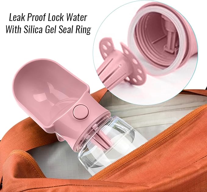 Dog Water Bottle with Food Container, Leak Proof Portable Pet Dispenser with Lock and Cleaning Brush,Dogs Stuff Water Bottle for Walking Hiking,Travel (Pink)