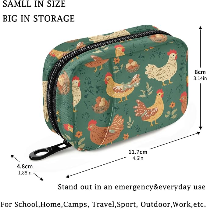 Fustylead Cute Rooster Hen Eggs Chicks Nest Plants Travel Pill Case Bag with Zipper Weekly Pill Box 8 Compartments 7 Day Personal Pill Case Purse Medicine Case Organizer