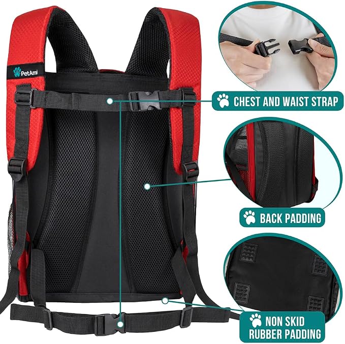 PetAmi Dog Backpack Carrier Airline Approved Cat Pet Puppy Bag, Red | Ideal for Small Medium Large Pet up to 18 lb, 2 Side Entry Structured No-Collapse Frame, Ventilated Bookbag for Hiking Travel