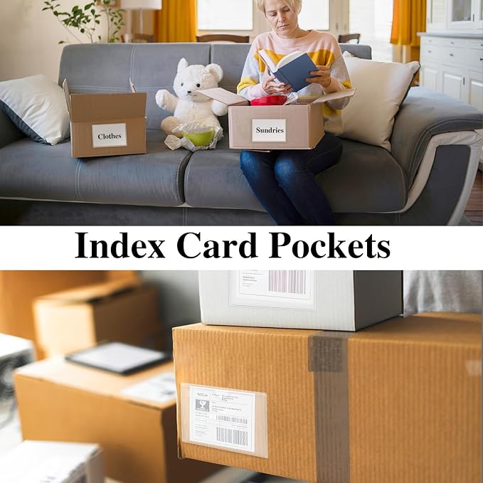 48 Pack Adhesive Index Card Holders, Clear 3 x 5 Label Pockets | Clear Pvc, Top-Loading Design, Sticks To Bins Shelves Boxes And Bags, Easy Insert/Remove, Water And Dust Resistant