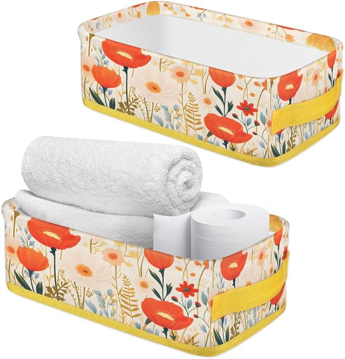 Spring Flowering Plants Bathroom Storage Basket, Foldable with Handle Open Countertop Paper Towel Decorative Box, Toilet Tank Top Shelf Baskets for Home Closet Bedroom Living Room Office