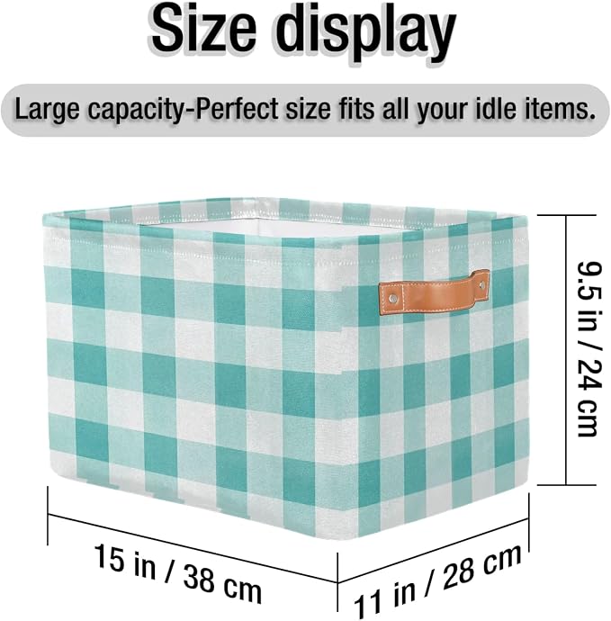 Teal Gingham Storage Boxes Theme Storage Nursery Baskets with Handle Closet Collapsible Organizer Shelf Bins for Book Cloth 15X11X9.5 IN