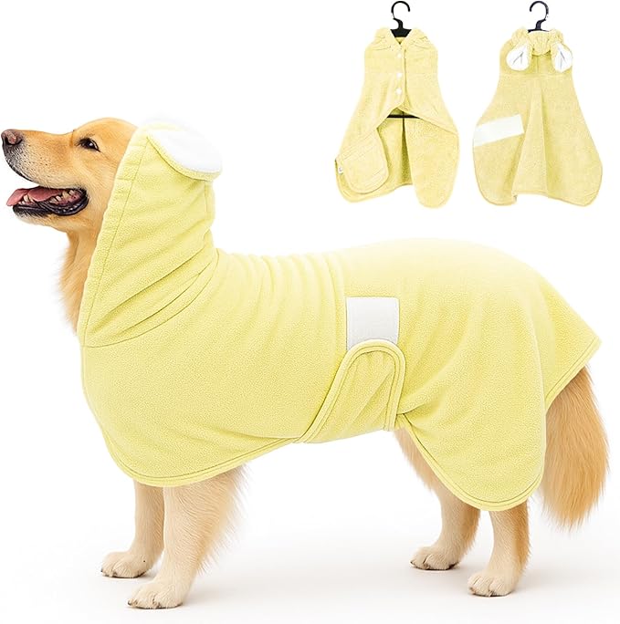 Pet Bathrobe Towel Dog Cat Drying Coat Super Absorbent Cute Dogs Bath Towel Hooded Robe Adjustable Collar & Belly Strap for XSmall to XLarge Pets (Yellow, X-Large)