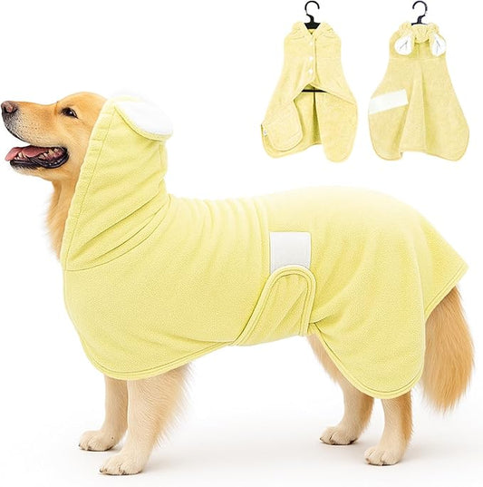 Pet Bathrobe Towel Dog Cat Drying Coat Super Absorbent Cute Dogs Bath Towel Hooded Robe Adjustable Collar & Belly Strap for XSmall to XLarge Pets (Yellow, X-Large)