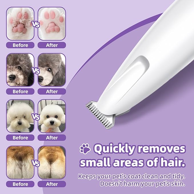 Dog Paw Trimmer with LED Light, Ultra-Quiet Pet Hair Clippers for Small Areas, Cordless Dog Grooming Kit for Paws, Eyes, Ears & Rump, Low Noise Rechargeable Shaver for Anxious Dogs & Cats