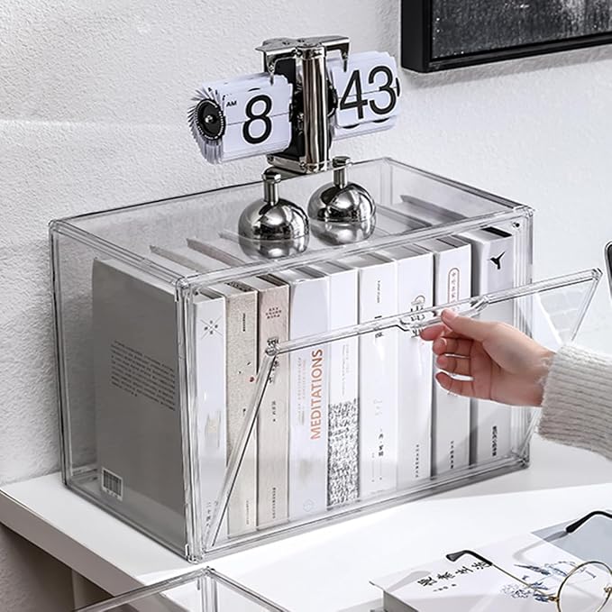 Clear Acrylic Bookcase, Book Organizer Box, Portable Book Containers with Magnetic Door, Stackable Display Case for Purses Handbags Dolls Toys Shoes(Clear, 14.17" ×10.63"×8.66")