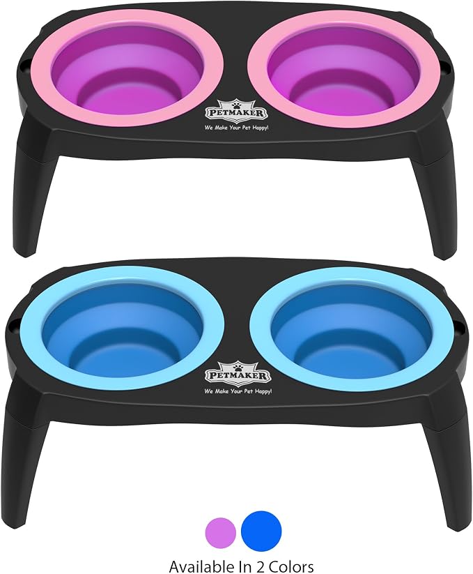 Elevated Pet Bowls Collection with Non Slip Stand for Dogs and Cats-Removeable and Collapsible Silicone Feeder for Food and Water- 16 Oz Each by PETMAKER (Pink), Blue