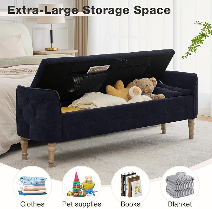 67"End of Bed Storage Bench King Size,Upholstered Bedroom Bench,Black | Linen Storage Bench for Bedroom End of Bed ,2 Cushion, Vintage Wood Legs ,Tufted,Storage Ottoman Bench for Entryway Window