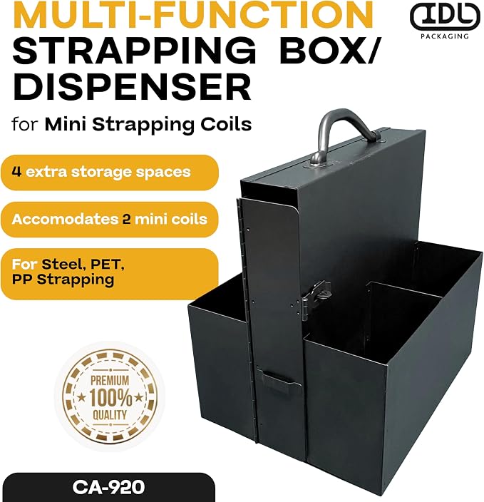 IDL Packaging Strapping Cart & Dispenser for Steel, PET & PP Mini Coils | CA-920 for All Types of Mini Strapping Coils - Multi-Functional Box/Case - Spacious Storage Tray for Tools, Seals & Gloves
