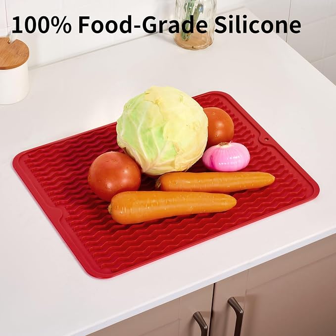 ZLR Silicone Dish Drying Mat for Kitchen Counter, 16"x12", Lava Red | Fast-Dry Wavy Ridges, Raised Edges Contain Water, Heat-Resistant Trivet to 450°F, 5mm Thick, Non-Slip, Dishwasher Safe