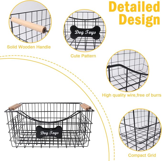 Metal Dog Toy Basket,Set of 2 Iron Wire Dog Toy Bin,Puppy Toy Box with Wooden Handle,Sturdy Dog Organizer Ideal for Leash,Blanket,Toys,Snacks,Accessories