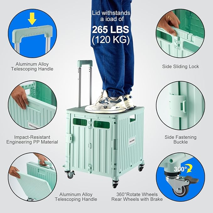 MACOPRO Folding Utility Cart Portable Rolling Crate Handcart Shopping Trolley Collapsible Tool Box, with Lid, Basket on 4 Rotate Wheels, for Grocery, Office, Teacher, Travel Shop Move Luggage (Green)