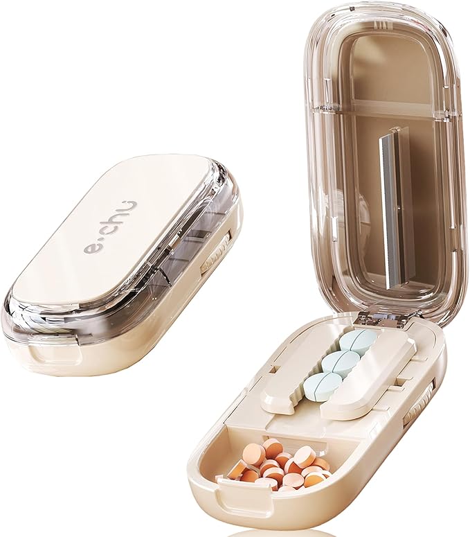 DUBSTAR Pill Cutter Splitter for Small & Tiny Pills Cuts into 1/2 Beige | Pill Cutters with Removable Silicone Pad, Tablet Splitters Cuts Vitamins Tablets for Purse Pocket