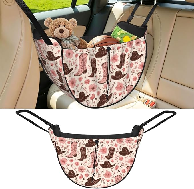 Cowboy Boots Hats Floral Car Seat Organizer Backseat Storage Bag, Large Waterproof Vehicle Organizer With Adjustable Straps For Gear Essentials, Fits Most Cars