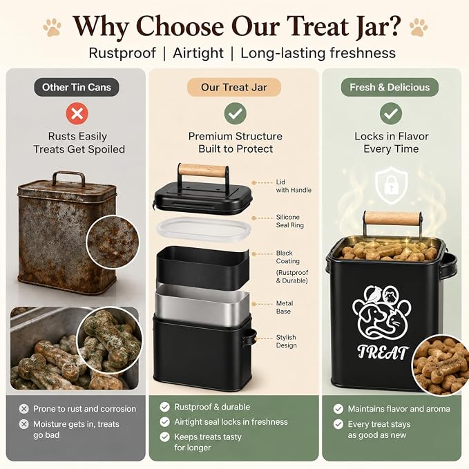 Airtight Dog Treat Container Set of 2 | Iron jars, 26 cup capacity, food-grade coated, includes 1 scoops, keeps treats fresh, fits kibble & biscuits,black