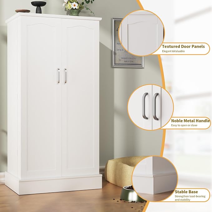 Saudism 47" Dog Food Storage Cabinet with Doors and Adjustable Shelves, Freestanding Pet Storage Container Organizer for Living Room and Dinning Room, White