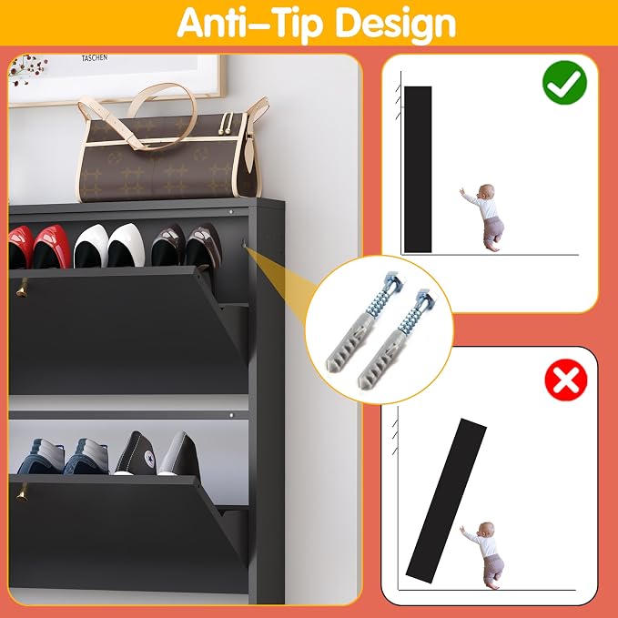 Shoe Cabinet with 3 Flip Drawers, Narrow Shoe Storage Cabinet, Farmhouse Shoe Organizer, Freestanding Organizer with Metal Legs for Entryway, Foyer (Black, 3 Door)