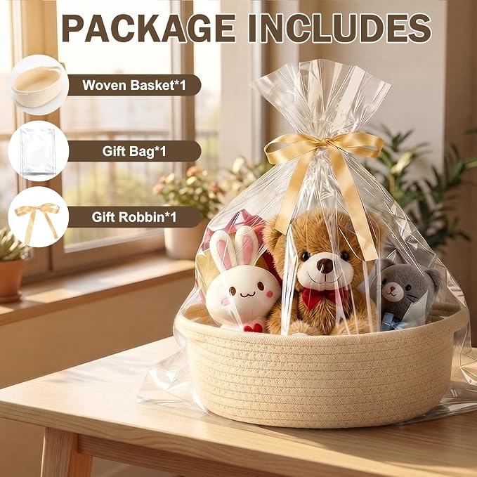 Basket for Gifts Empty, Small Woven Basket with Bags and Ribbons, Baby Toy Baskets with Handles, Wicker Storage Bin for Baby Showers or Pet Toy (Creamy White, 1 Pack (12"x 8"x 3.74"))