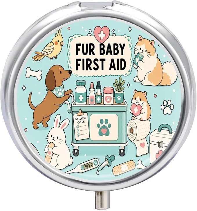Cute Pet First Aid Essentials Round Pill Box with 3 Compartments, Portable Travel Pill Organizer with Spring Snap Closure for Vitamins Supplements Fish Oil