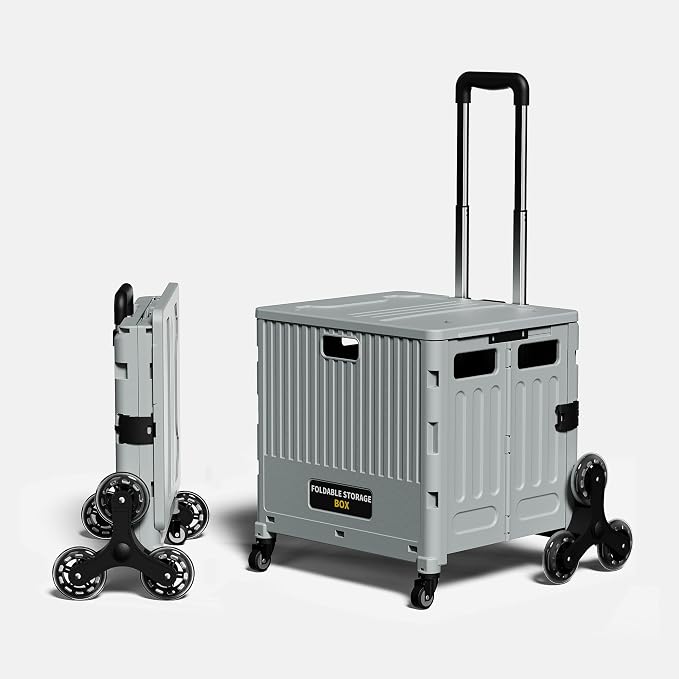 Stairs Climbing Shopping Cart, with 360° Swivel Wheels, Collapsible Wheeled Crate with Lid, Swivel and Glide Rolling Crate with Handle for Easy Transport and Versatile Use-Gray