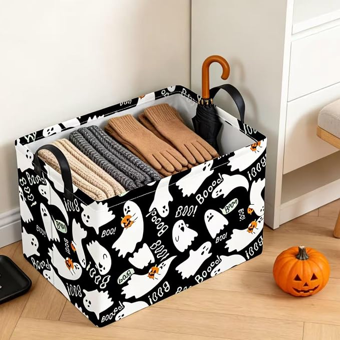 NTAO Gift Storage Basket Empty for Halloween, Storage Bin with Handles, Room Decor, Book Box(Black Ghost Boo)