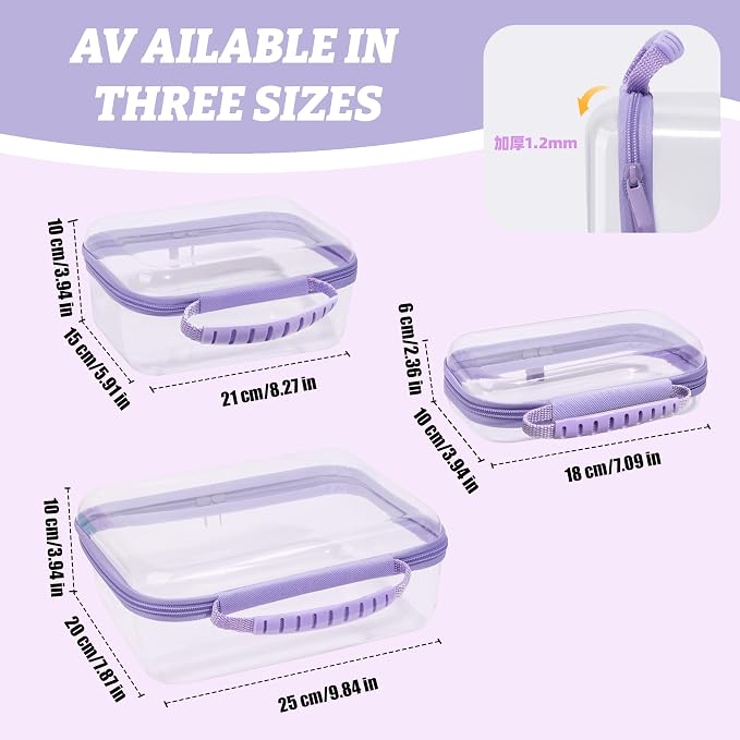 3 Pack Deep Clear Hard Shell Zipper Cases with Handle (Purple) | Travel Toiletry Bag, Waterproof 1.2mm PET Hard Plastic Pouches, Organizer Box for Makeup, Toy, Snack, Stationery, Diaper