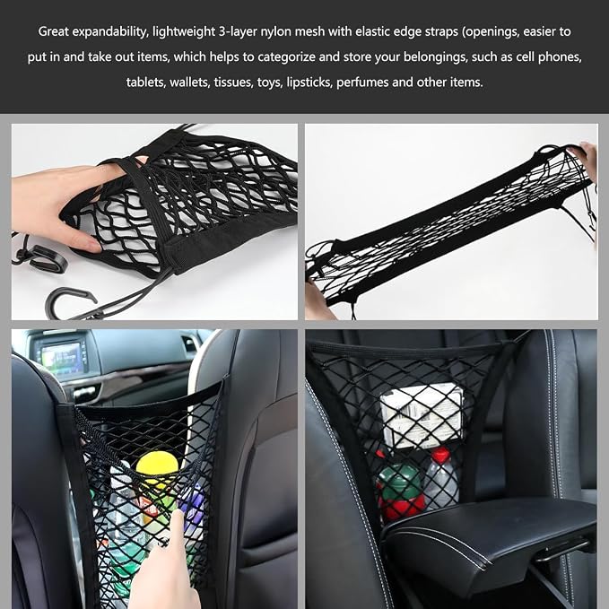 2-Layer Car Mesh Organizer, Seat Back Net Bag Stretchable Barrier of Backseat Pet Kids, Four-Side Elastic Storage Netting Pouch Cargo Tissue Purse Holder Between Front Seats