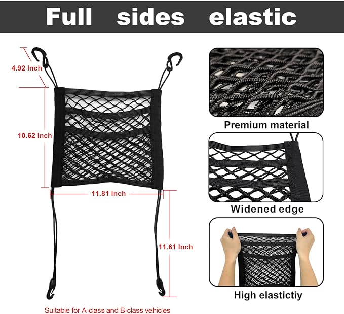 3-Layer Car Mesh 11.8" x 10.6" Organizer Between Front Seats | Kid Dog Pet Net Barrier Car Net Pocket Elastic Tissue Purse Holder Netting For Midsize SUV, Van