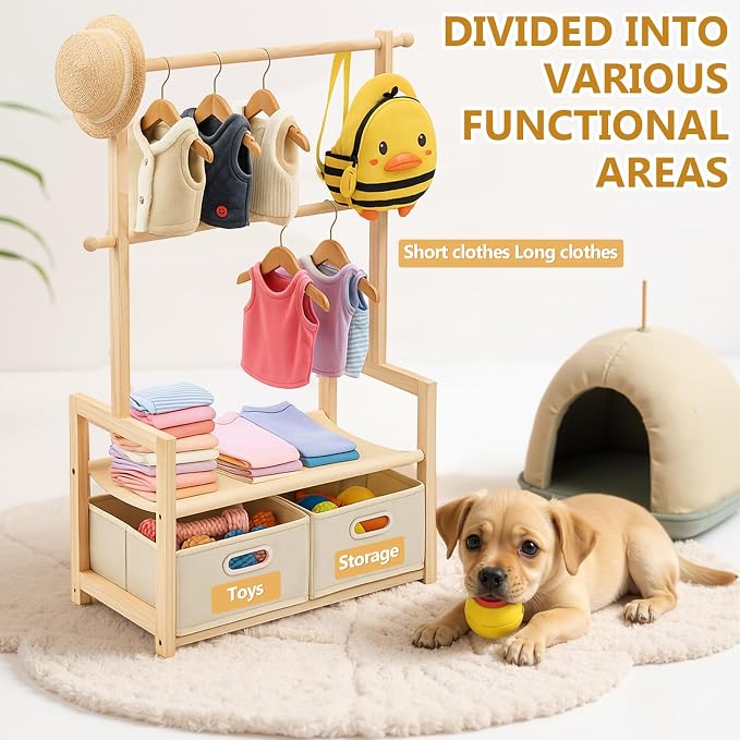 Teenyyou Dog Wardrobe Closet for Small Dogs, 37.4 x 19.7 x 11.8 in Wooden Dog Clothes Rack with 2 Hanging Rods, 2 Storage Baskets and Shelf, Pet Closet Organizer for Clothes, Toys, Leashes, Wood Color