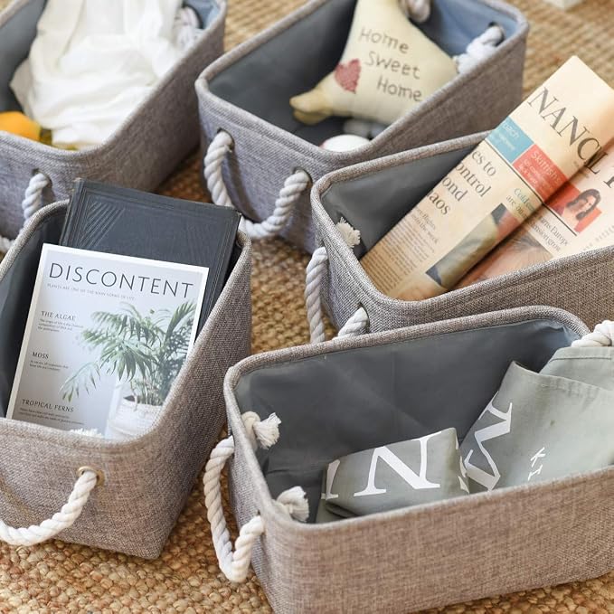 Foldable Small Storage Baskets with Strong Cotton Rope Handles [6-Pack] Gray Collapsible Storage Bins Set Works Room Storage, Nursery Baskets