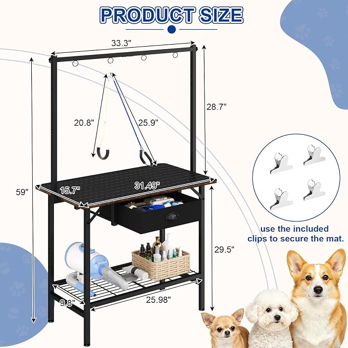 32 Inch Adjustable Dog Grooming Table with Drawer & Non-slip Removable Mat | Pet Grooming Table with Mesh Tray & EVA Protective Lanyard,Professional Grooming Table for small Dogs at Home