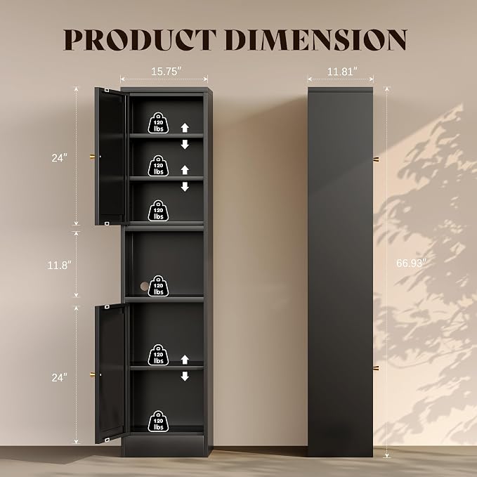 67" H Tall Bathroom Cabinet,Narrow Pantry Cabinet,Black Metal Cabinets,Slim Pantry Storage Cabinet,Narrow Kitchen Storage Cabinet,Thin Pantry Cabinets for Living Room Dining Room
