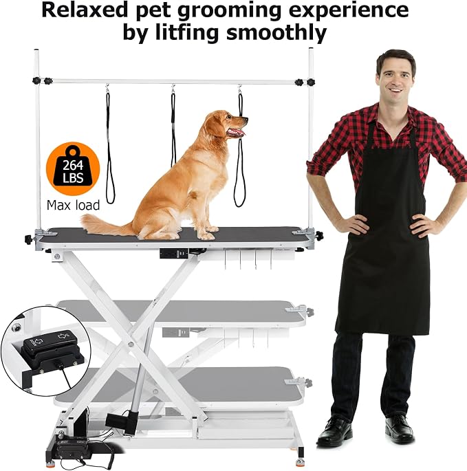 Garvee 47 in Electric Dog Grooming Table, Heavy Duty, Height Adjustable | w/Leveling Wheels, Dog Grooming Arm, Anti Slip Tabletop & Tool Organizer/Dog Grooming Station, White