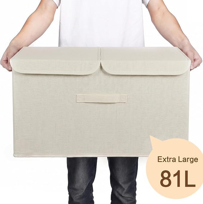 2 Pack Large Storage Boxes with Lids and Handles, Collapsible Linen Storage Bins Organizer Containers Baskets Cube with Removable Divider for Home Bedroom Closet Office (Cream, XL)