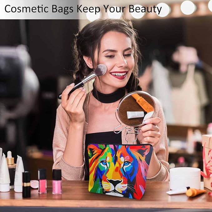 Makeup Bag For Purse Lion, African Animal Lion Face Colorful Cosmetic Bags For Women With Zipper Travel Toiletry Pouch Makeup Bags Makeup Organizers Purse For Toiletries Cosmetics