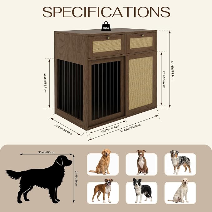PureCozy Wooden Dog Crate Furniture, Left Unit, 40 Inch, Daek Oak | Cane cabinet and metal sliding door with 2 storage drawers; furniture-style indoor kennel doubles as an end table.