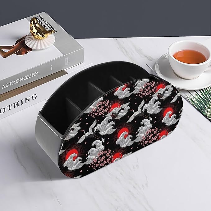 5 Compartment Remote Control Holder Ocean Cherry Floral Storage Caddy Box | Desktop Organizer, Vintage Crane Animal Red Sun Ocean Great Wave Anime Japanese Cherry Floral Blossom, for Media Player