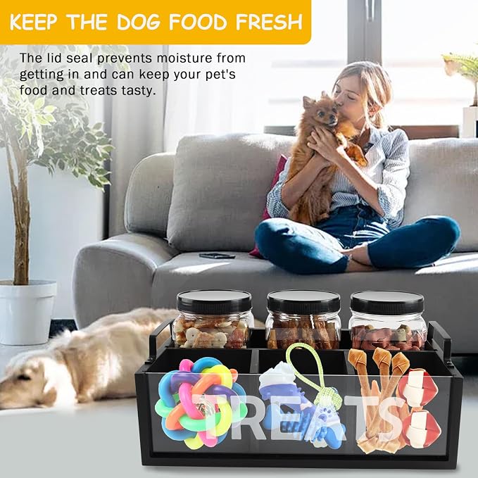 Dog Treat Container cat food container with 3 Jars & Compartments pet treat storage with handle dog treat container for countertop