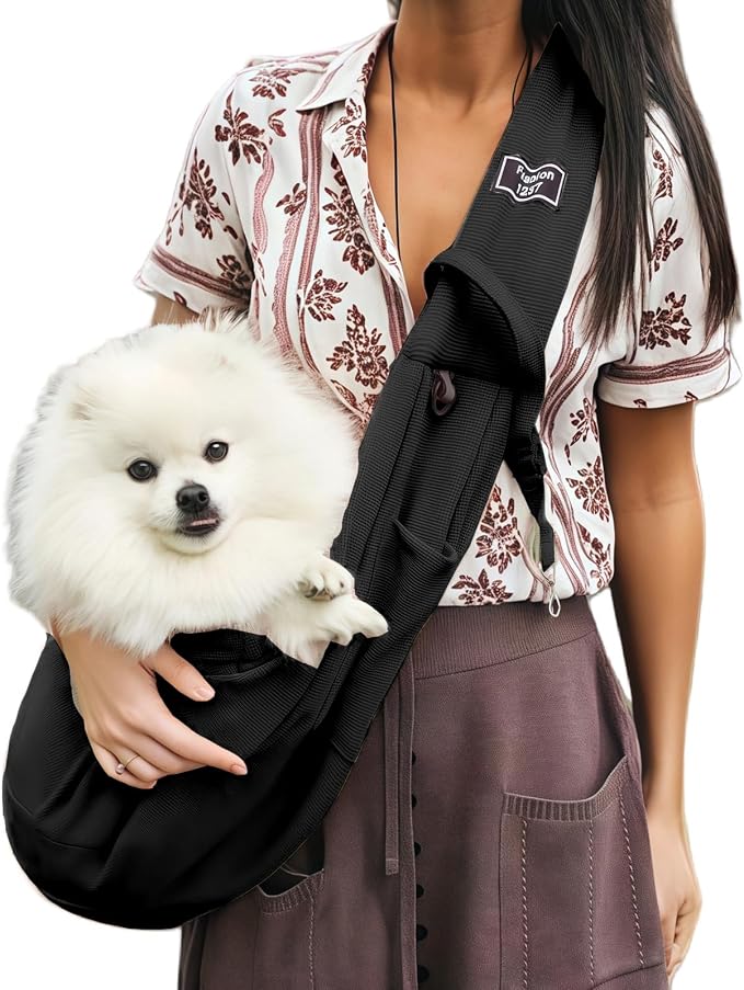 Dog Sling Carrier Soft Breathable for Small Dogs Cats 3-12 lb Black | Cat sling & dog carrier sling with safety tether, organizer pocket, soft fabric. Perfect for travel, hiking,outdoor