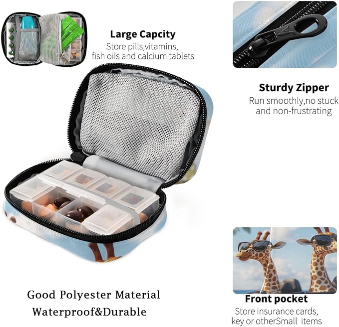 Fustylead 3D Funny Giraffes Driving Car Travel Pill Case Bag with Zipper Weekly Pill Box 8 Compartments 7 Day Personal Pill Case Purse Medicine Case Organizer