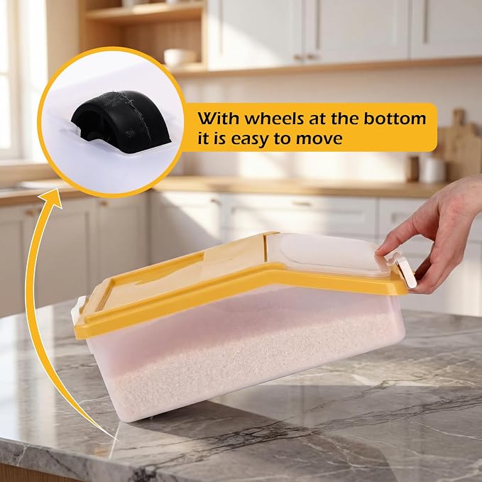 Blushtier 3 Pcs Rice Storage Container 11 lb Airtight Flour Container with Wheels Measuring Cup Clear Pet Food Dog Cat Birds Food Bin Grain Cereal Organizer Box for Dry Baking Supplies(Yellow)