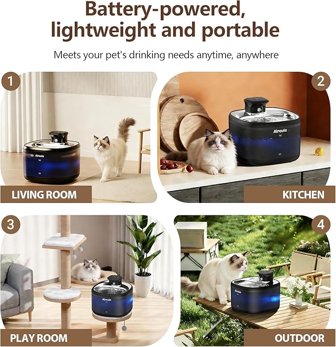 Cordless Cat Water Fountain - Automatic Cat Water Fountain Wireless Dog Water Dispenser with Replacement Filters, Gifts for Christmas, Cats, Dogs, Multiple Pets (Black)