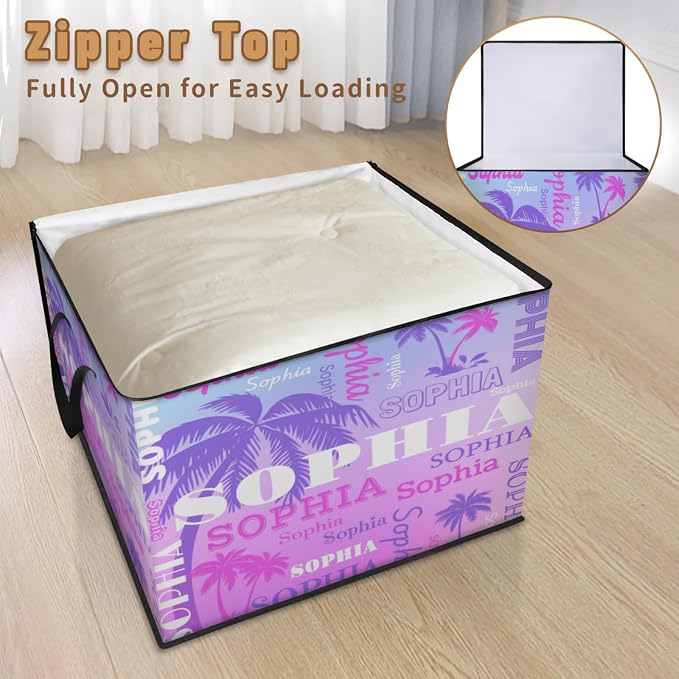 Custom Extra Large Storage Baskets with Lid, Personalized Storage Bins Basket Boxes Handles for Clothes Blanket Bedroom Closet Organizing Toys Shelves, Gradient Purple Blue with Palm Trees
