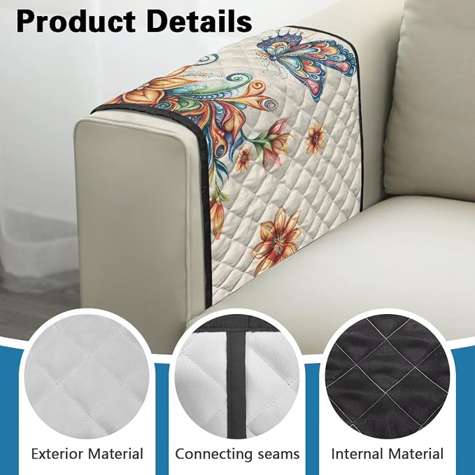 Boho Flower Butterfly Sofa Arm Covers for Couch Stretch Armrest Covers Easy to Clean Armchair Cover Sofa Armchair Slipcovers Recliner SofaArm Protector