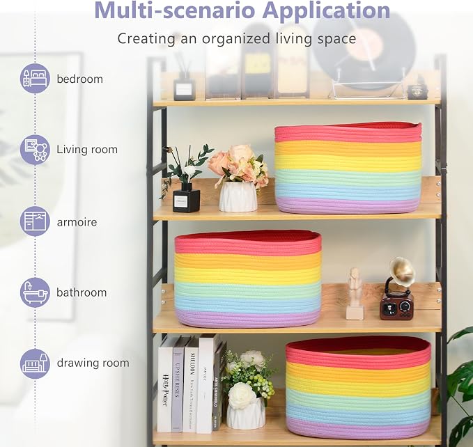 ECDYQXVU 15x10x9 Inch Woven Cotton Rope Storage Basket, 3 Pack | Foldable Design, Built-in Handles, Space-saving Organizer for Living Room, Bedroom, Laundry, Shelves, Clothes, Towels