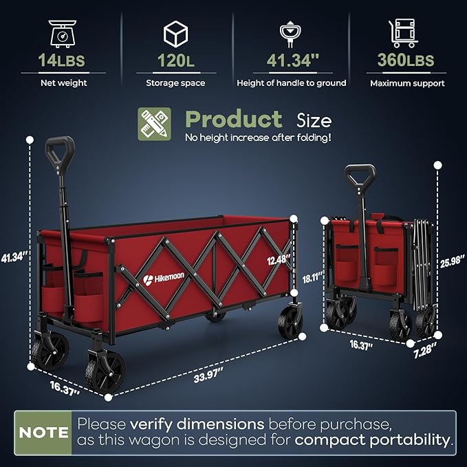 34'' Extra Long Folding Portable Wagon Cart, 120L 360LBS Red | Wagons Carts Foldable, Heavy Duty, Collapsible Compact Storage, Utility for Shopping/Grocery/Garden/Camping/Sports