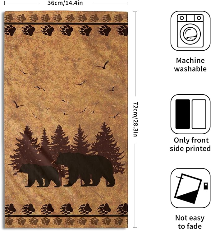 Giwawa Rustic Bear Hand Towels- Retro Brown Bear Animal Paw Print Decorative Towel Set of 2- Antique Country Style Wildlife Face Towel Absorbent Washcloth for Hotel Bathroom Gym Guest Cabin